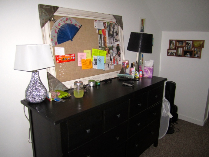 My larger dresser with a framed fabric pinboard. I plan to use this for style inspo as well as a reminder board.