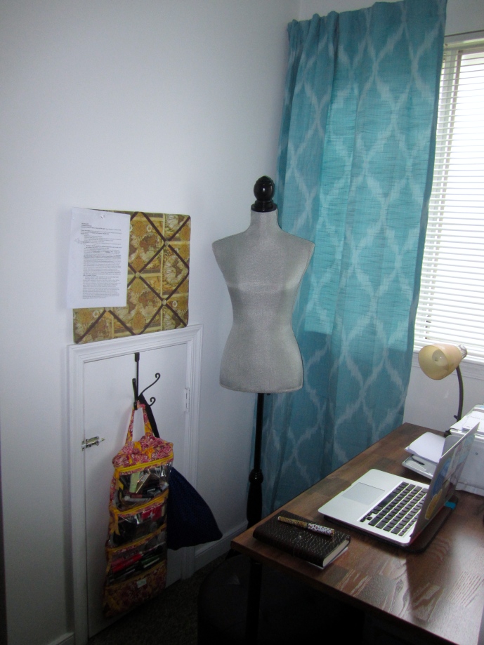 My nook! Includes desk area for homework and sewing, dress form, makeup bag (the window's natural sunlight is perfection), and crawlspace for storing ugly stuff.